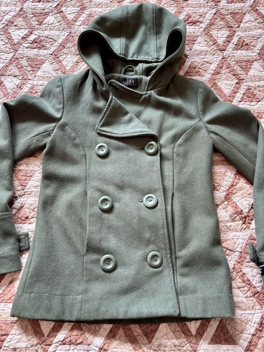 Women ' Hooded Double-Breasted Peacoat in Olive Green